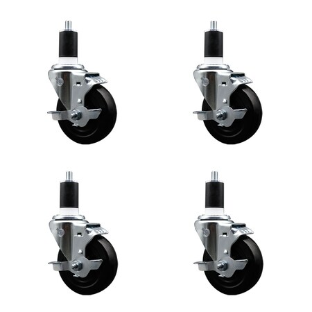 Service Caster 4'' SS Hard Rubber Swivel 1-1/2'' Expanding Stem Caster Set with Brake, 4PK SCC-SSEX20S414-HRS-TLB-112-4